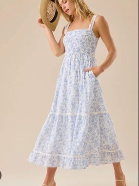 Altar'd State Light Blue Floral Square-Neck Maxi Dress—-little stained